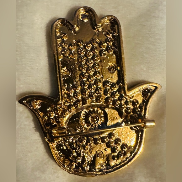 Stunning Hamsa Hand Large Gold Tone Brooch with Red and Pink Rhinestones - Picture 2 of 2